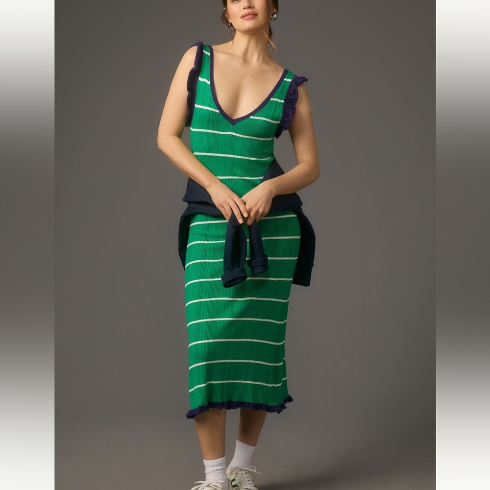 Anthropologie Green and White Striped Midi Dress